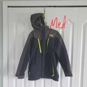 The North Face Black and Neon Yellow Hooded Rain Jacket